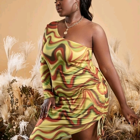 Plus One Shoulder Drawstring Side Tie Dye Dress - Picture 5 of 5